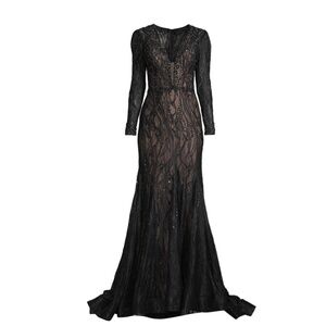 MAC DUGGAL Beaded Illusion Gown In Black Nude lining. NWT
